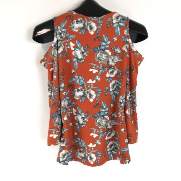 Rue21 Floral Cold Shoulder Top Size Small Orange Criss-Cross Stretch Knit Casual - Picture 3 of 9